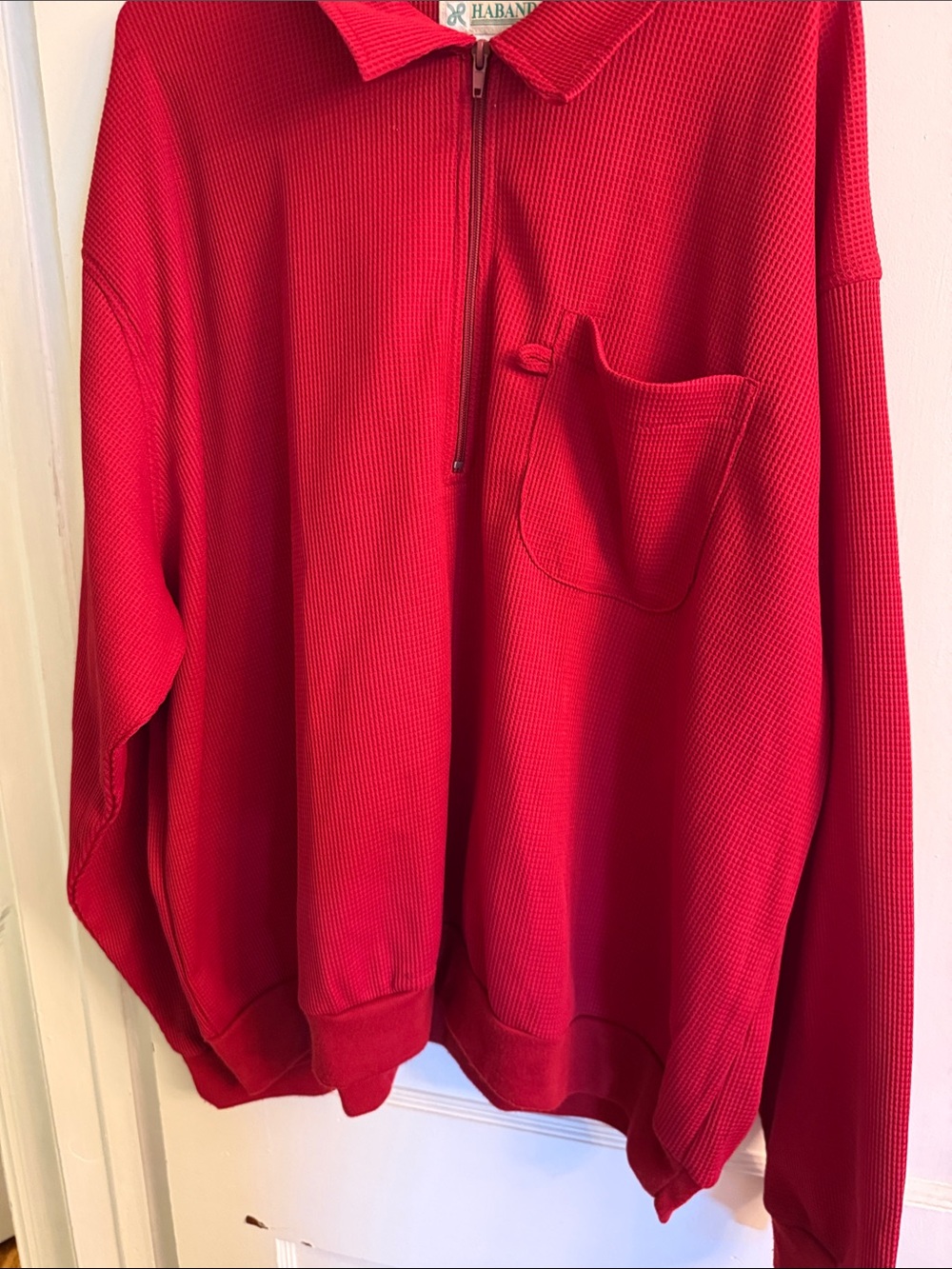 Haband Men's Red Zip-Neck waffle pattern long sleeve vintage with Chest Pocket
